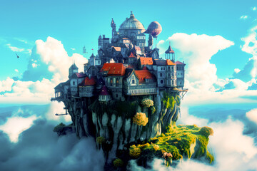 Sticker - Island in the sky with castle on top of it, surrounded by clouds. Generative AI.