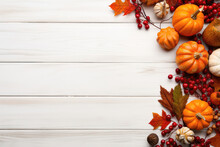 Festive Fall Decor Of Pumpkins, Berries, And Leaves On White Wooden Background. Generative AI