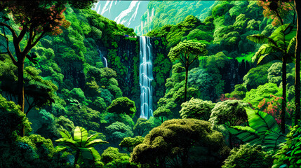 Wall Mural - Painting of waterfall in the middle of forest with lots of trees. Generative AI.