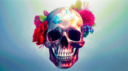 Wall Mural - Skull with flowers in it's hair and blue sky background. Generative AI.