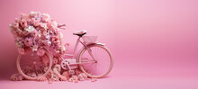 Vintage Women's Bicycle Decorated With Fresh Flowers Isolated On Flat Pink Background With Copy Space. Creative Concept For Spring Sale Of Women's Bicycles.