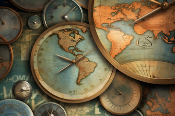 International Clock time zones Vintage World map ai generated art
