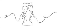 Continuous Line Champagne Cheers One Line Art, Continuous Drawing Contour. Hands Toasting With Wine Glasses With Drinks. Cheers Toast Festive Decoration For Holidays. Vector Illustration