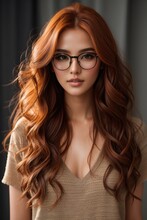Super Model In Her Early 20s With Long Dark Red Hair With Glasses