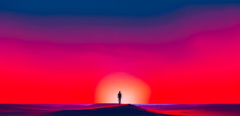 Wall Mural - Person standing on top of hill in the middle of sunset. Generative AI.