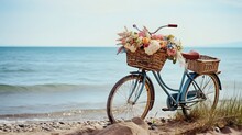 Bicycle With A Yellow Flower Basket Next To The Sea.