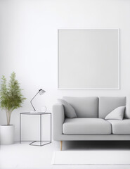 blank canvas frame mockup on empty wall. living room design clean and white. modern scandinavian sty