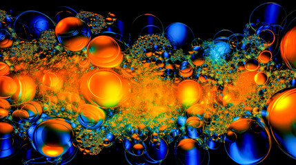 Canvas Print - Computer generated image of bubbles and bubbles in blue, orange, and yellow. Generative AI.