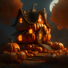 Fantasy Pumpkin Haunted House. Halloween Wallpaper. Strange house with glowing yellow lights on a gloomy night background. Many pumpkins are lying on the ground. Generative AI illustration.