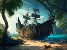 An Old Pirate Shipwreck On A Beach With Palm Trees - AI Generative