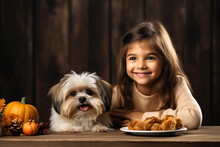 Little Girl Feeding Her Dog Under The Table During Thanksgiving Dinner; Illustration With Empty Space For Text 