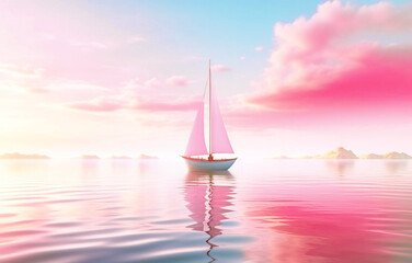 fantasy pink pastel sailboat at calm sea , digital art, illustration