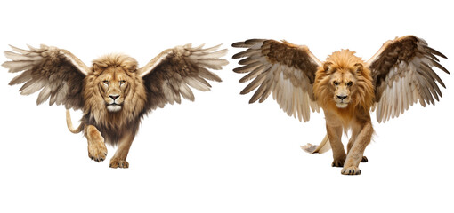 set of 2 lions with wings isolated on transparent background