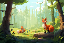 Forest Animals In Wild Nature Cartoon Illustration