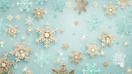 Glistening snowflakes dance, light teal and gold unite, creating an ethereal winter canvas, captivating hearts with nature's artistry