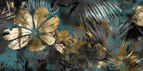 Lush tropical plants and graceful palm and monstera leaves background wallpaper pattern. Gold, black, teal and gray colors. Generative AI illustration