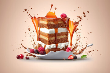 Wall Mural - Piece of cake with berries and splashes of chocolate on a background