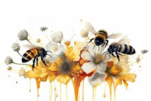 Illustration Of Bees Collecting Pollen From Flowers With Dripping Honey On A White Background.