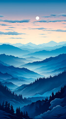 Beautiful wallpaper shades of blue in the blue mountains. Sunset, fog over mountain peaks. Generative AI