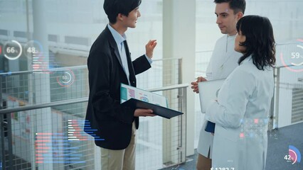 Poster - Multinational people talking in the lobby and statistical data.