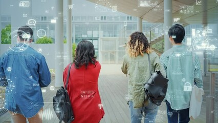 Poster - Multinational people walking in the city and digital data concept.