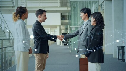 Poster - Network with multinational people shaking hands in the lobby. Communication network concept.