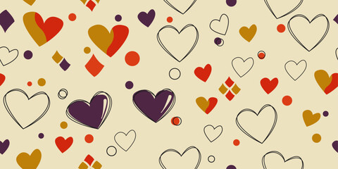 Aufkleber - Casual and simple pattern of beautiful hearts scattered all over the surface of the canvas. Vector simple hearts pattern.