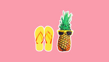 Summer Vacation, Stylish Pineapple With Sunglasses And Yellow Flip Flops On Pink Background, Magazine Style