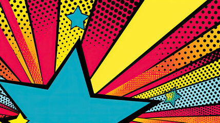 A colorful pop art background with clear comic shapes and bright colors.