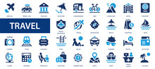 Travel Flat Icons Set. Summer Vacations Symbols. Traveling, Vacation, Relax And Tourism Signs Collection.