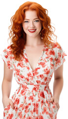 Portrait of a pretty young smiling red haired woman in a beautiful summer dress isolated on white background as transparent PNG, fictional person