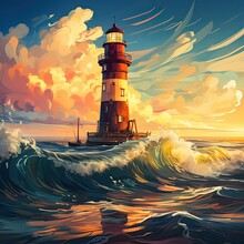 A Lighthouse Painting With Wave, Water, And Cloudy Sky. (Generative AI)
