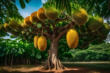 A Jackfruit Tree With Massive, Spiky Jackfruits Hanging From Its Branches - AI Generative