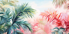 Lush Tropical Plants And Graceful Palm Trees Background Photo Wallpaper Pattern. Soothing Palette Of Delicate Pastel Hues Painted In Watercolour. Generative AI Illustration