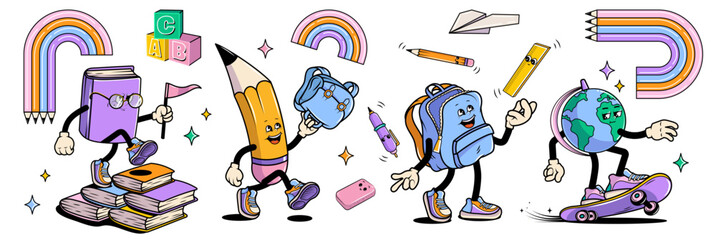 Back to school vector stickers set with walking funny cute comic characters. Lettering illustration for t-shirt print. Pencil, globe, backpack, educational creativity supplies. Vector illustration.	