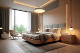 Fototapeta  - Perfectly illuminated loft apartment bedroom featuring an elegant blend of modern design and cozy ambience. Bed fittings and blankets.