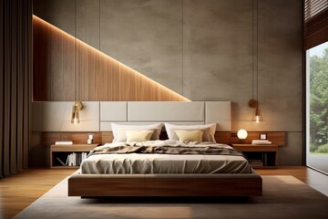 Stylish interior of contemporary room with comfortable bed and luxurious finishings