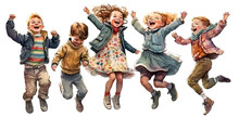 Happy Five Kids Jumping Together, Children In A Row. Generative AI