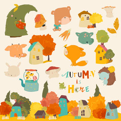 Wall Mural - Cartoon Autumn Set with Woodland Animals and Trees