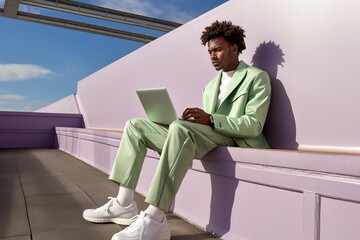 A young african man using a laptop sitting on a ledge