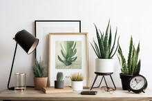 Mock Ups Of A Poster Frame, An Aloe Indoor Plant, A Metal Box, And Housewares. Generative AI
