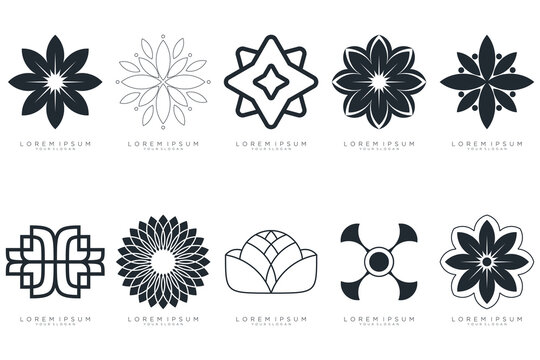 Floral ornament logo and icon set. Abstract beauty flower logo design collection. black logo and white background 