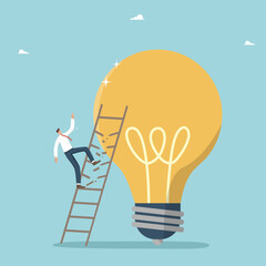 Risky ideas for business or innovation, lack creativity to get out of difficult situation, loss of investment, wrong development path, collapse or failure, man falls down stairs leading to light bulb.