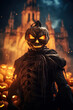 © ArtmediaworX - Halloween pumpkin scarecrow surrounded by Jack o Lanterns burning in flames and fire. Ai Generative illustration