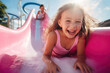 © ADDICTIVE STOCK - Generative AI portrait of smiling child looking at camera while lying on belly playing in water slide against blurred blue sky in daylight