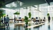 Concept of a green office space, captured with a blurred effect to highlight the serene and peaceful environment cultivated by integrating nature into workspace design. Generative AI