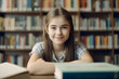 © Evgenia - girl schoolgirl sits in the library and studies. Education, training. generative AI