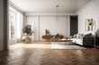 © Lasvu - Mockup of an empty living room with a white painted wall and a brown old wooden floor. can be applied to interior design. Generative AI