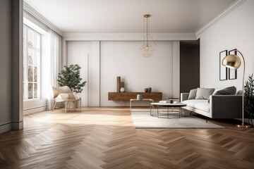 Wall Mural - Mockup of an empty living room with a white painted wall and a brown old wooden floor. can be applied to interior design. Generative AI