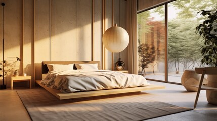 A modern bedroom made of wood in pastel beige tones. Interior design concept Japandi.